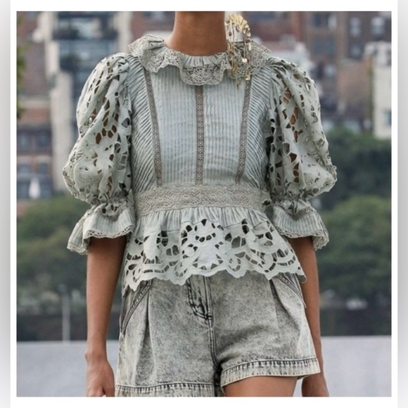 ULLA JOHNSON MILDRED SEAGRASS Lace Linen Quilted Puff Sleeve Blouse Top Size 12 - Picture 1 of 16